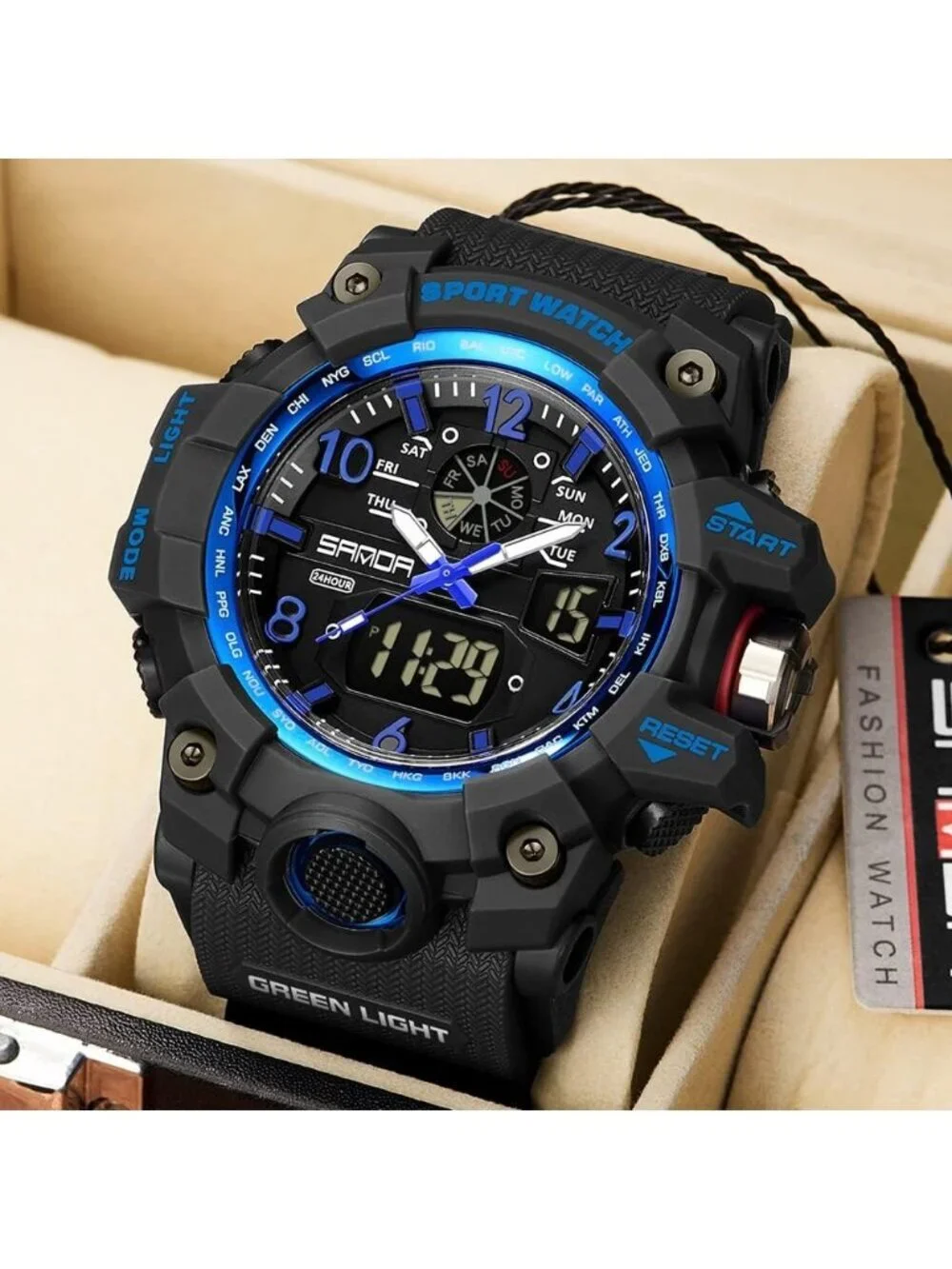 Men's Blue Analog Quartz Waterproof Multi Function Tactics LED Digital Watch